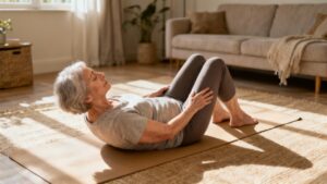 Gentle elderly woman practicing seated abdominal stretch on yoga mat in cozy living room for flexibility and relaxation.