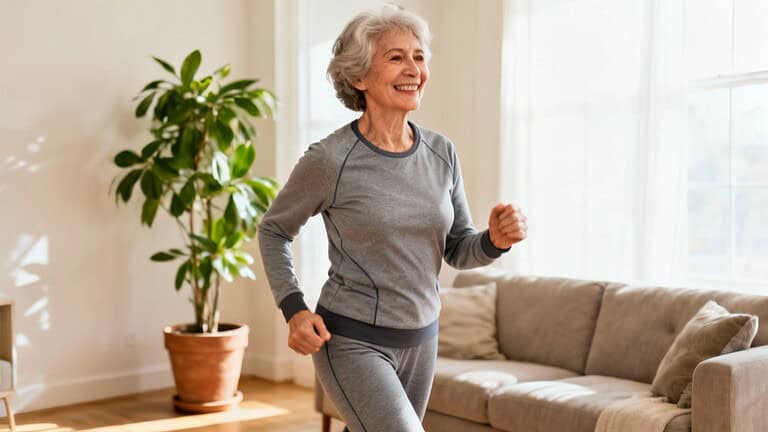 Bright elderly woman jogging indoors for health and fitness, demonstrating stretching exercises at home, promoting daily stretching routines for seniors and improved mobility.