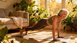 Elderly woman doing yoga at home, practicing stretching exercises on a yoga mat, indoor light, healthy aging, gentle fitness routines for seniors, indoor wellness, natural sunlight, home workout for seniors, senior fitness activities, balanced lifestyle.