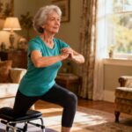 Improving flexibility and mobility for seniors through indoor stretching exercises at home. Senior woman performing knee lunges on a chair in a cozy living room.
