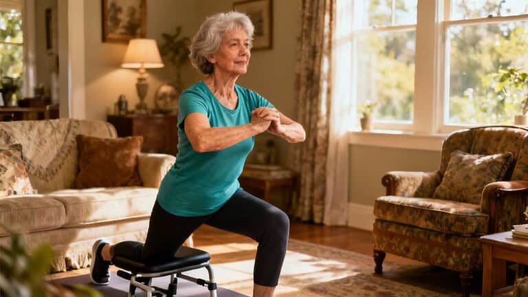 Improving flexibility and mobility for seniors through indoor stretching exercises at home. Senior woman performing knee lunges on a chair in a cozy living room.