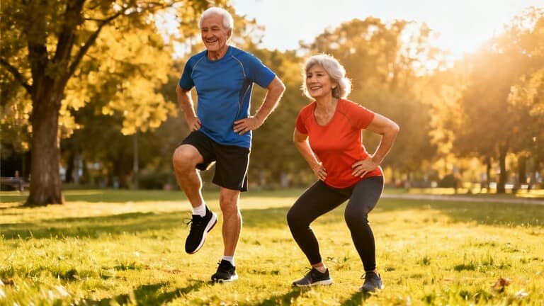 Stretching daily for seniors, elderly, and active adults to improve flexibility, balance, and overall health in outdoor park setting.