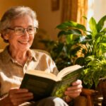 1. An elderly woman reading a book while sitting in a cozy living room with lush green plants, enjoying a relaxing moment.