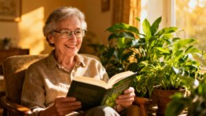 1. An elderly woman reading a book while sitting in a cozy living room with lush green plants, enjoying a relaxing moment.
