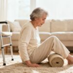 Elderly woman performing seated stretching exercise at home, using foam roller, indoors in a cozy living room.