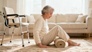 Elderly woman performing seated stretching exercise at home, using foam roller, indoors in a cozy living room.