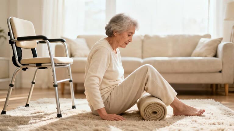 Elderly woman performing seated stretching exercise at home, using foam roller, indoors in a cozy living room.