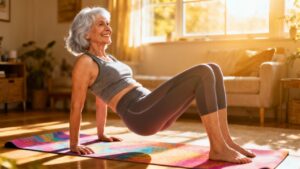 Elderly woman doing yoga stretching at home, practicing yoga and flexibility exercises, senior fitness, wellness and healthy aging, morning yoga routine for seniors.