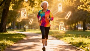 Vital Vitamin D3 supplements boost outdoor exercise benefits, supporting joint health, immunity, and overall wellness for seniors engaging in daily stretching and fitness routines.