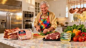 1. Elderly man preparing fresh vegetables and meats in a bright kitchen, practicing healthy stretching and lifestyle routines for wellness and fitness.