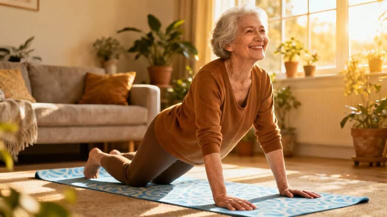 Gentle elderly woman practicing yoga stretching on mat indoors, promoting flexibility, mobility, and wellness for seniors through daily stretching routines.