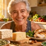 Fresh healthy foods for senior wellness, including grilled chicken, cheese, vegetables, and superfoods, promoting balanced diet and nutritious living for seniors.