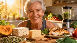 Fresh healthy foods for senior wellness, including grilled chicken, cheese, vegetables, and superfoods, promoting balanced diet and nutritious living for seniors.