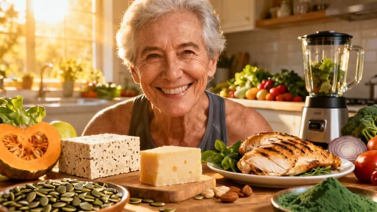 Fresh healthy foods for senior wellness, including grilled chicken, cheese, vegetables, and superfoods, promoting balanced diet and nutritious living for seniors.