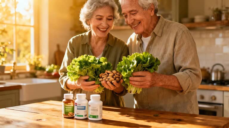Fresh organic vegetables and supplements for healthy aging, nutrition, and wellness in a cozy kitchen setting. Healthy lifestyle, senior health, and natural food choices emphasized.