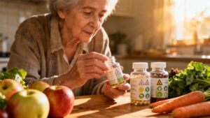 Elderly woman taking vitamins from pill bottles amidst fresh vegetables in a sunny kitchen, emphasizing health, wellness, and supplementation for better aging.
