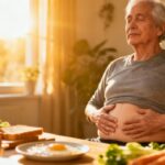 Relaxed elderly man doing digestion stretching exercises at home during breakfast in the morning sunlight.
