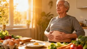 Relaxed elderly man doing digestion stretching exercises at home during breakfast in the morning sunlight.