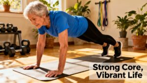 Older woman doing plank exercise for core strength at home, promoting fitness and healthy aging. Perfect for seniors seeking effective core workouts for strength and vitality.