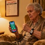 Elderly woman receiving a phone call, wearing a smartwatch, sitting comfortably at home.