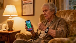 Elderly woman receiving a phone call, wearing a smartwatch, sitting comfortably at home.