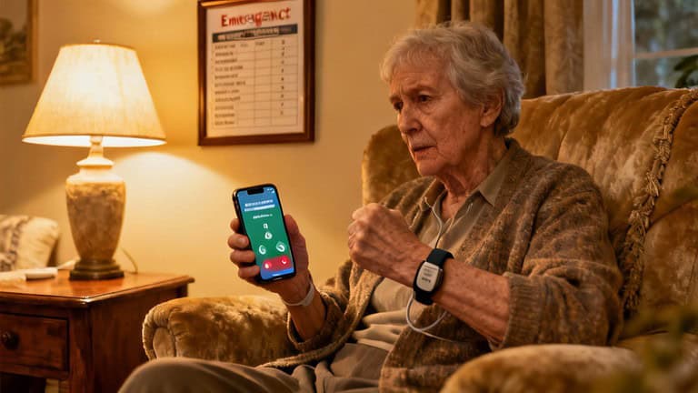 Elderly woman receiving a phone call, wearing a smartwatch, sitting comfortably at home.