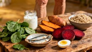 Fresh leafy greens with water droplets, salmon, roasted sweet potatoes, beets, quinoa, and boiled egg on a rustic wooden table for a nutritious healthy diet and wellness.