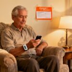 Elderly man stretching his arm while sitting on a comfortable sofa at home.