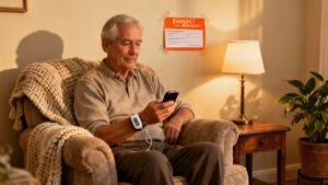 Elderly man stretching his arm while sitting on a comfortable sofa at home.