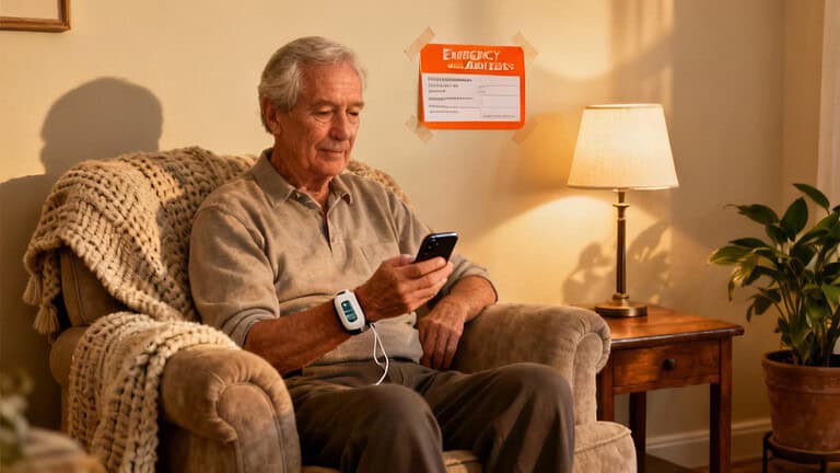 Elderly man stretching his arm while sitting on a comfortable sofa at home.