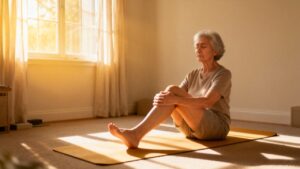 Gentle elderly woman practicing stretching exercises on yoga mat in bright room for flexibility and mobility.