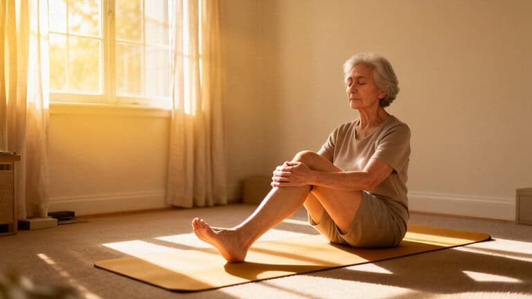Gentle elderly woman practicing stretching exercises on yoga mat in bright room for flexibility and mobility.