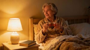 A woman elderly woman relaxing in bed with a cup of herbal tea, enjoying a cozy morning or evening routine in a well-lit bedroom.
