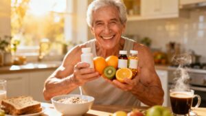 Vibrant senior man smiling while holding supplements and fresh fruits in bright kitchen setting, promoting healthy aging, wellness, and nutritious diet for seniors.