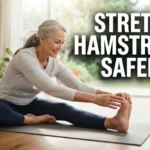 An active senior woman demonstrating how to stretch hamstrings safely in a bright living room.