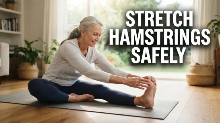 An active senior woman demonstrating how to stretch hamstrings safely in a bright living room.