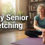 Active senior woman doing stretching exercises for seniors in a bright living room.