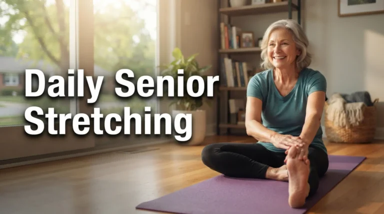 Active senior woman doing stretching exercises for seniors in a bright living room.
